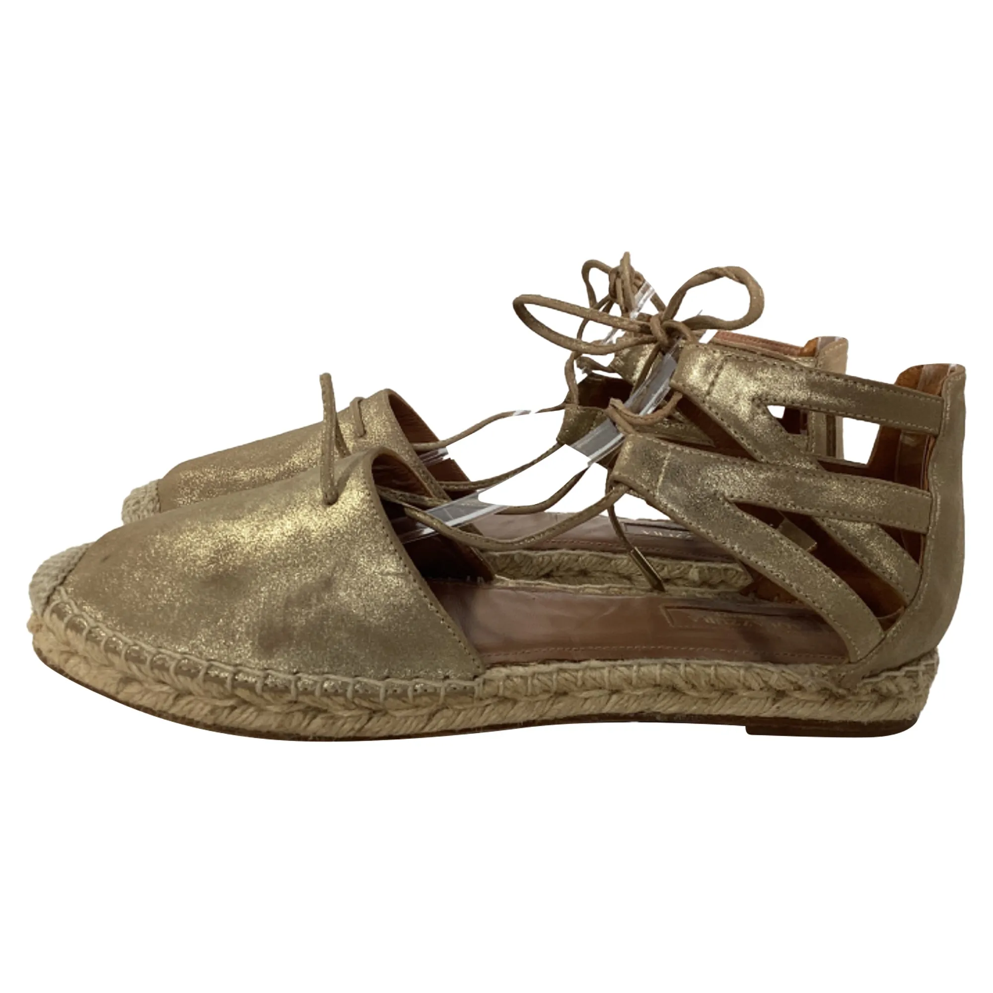 Aquazzura Lace-Up Close Toe Espadrille Flats in Gold Leather