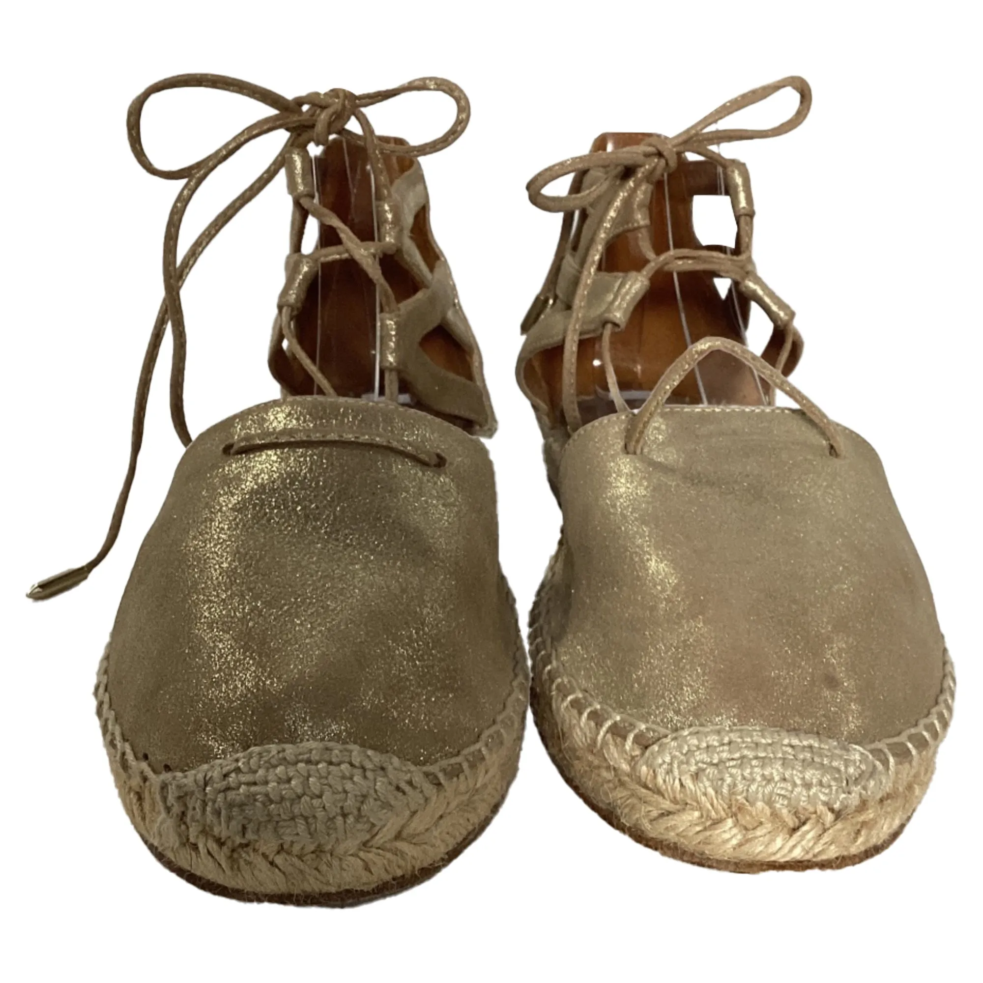Aquazzura Lace-Up Close Toe Espadrille Flats in Gold Leather