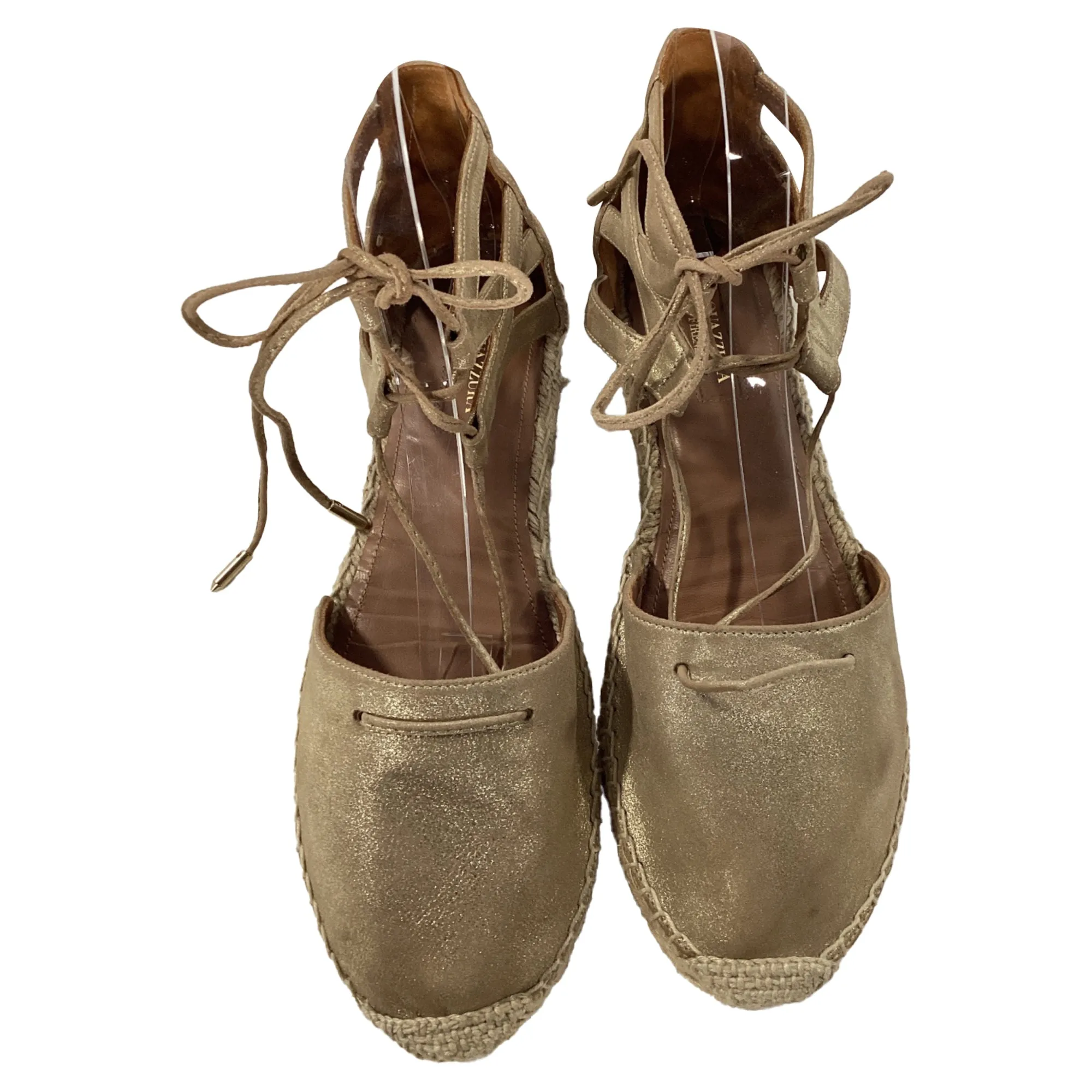 Aquazzura Lace-Up Close Toe Espadrille Flats in Gold Leather