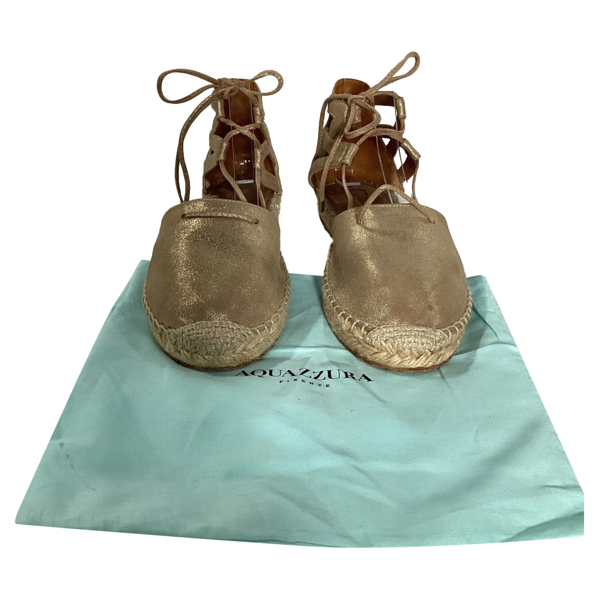 Aquazzura Lace-Up Close Toe Espadrille Flats in Gold Leather