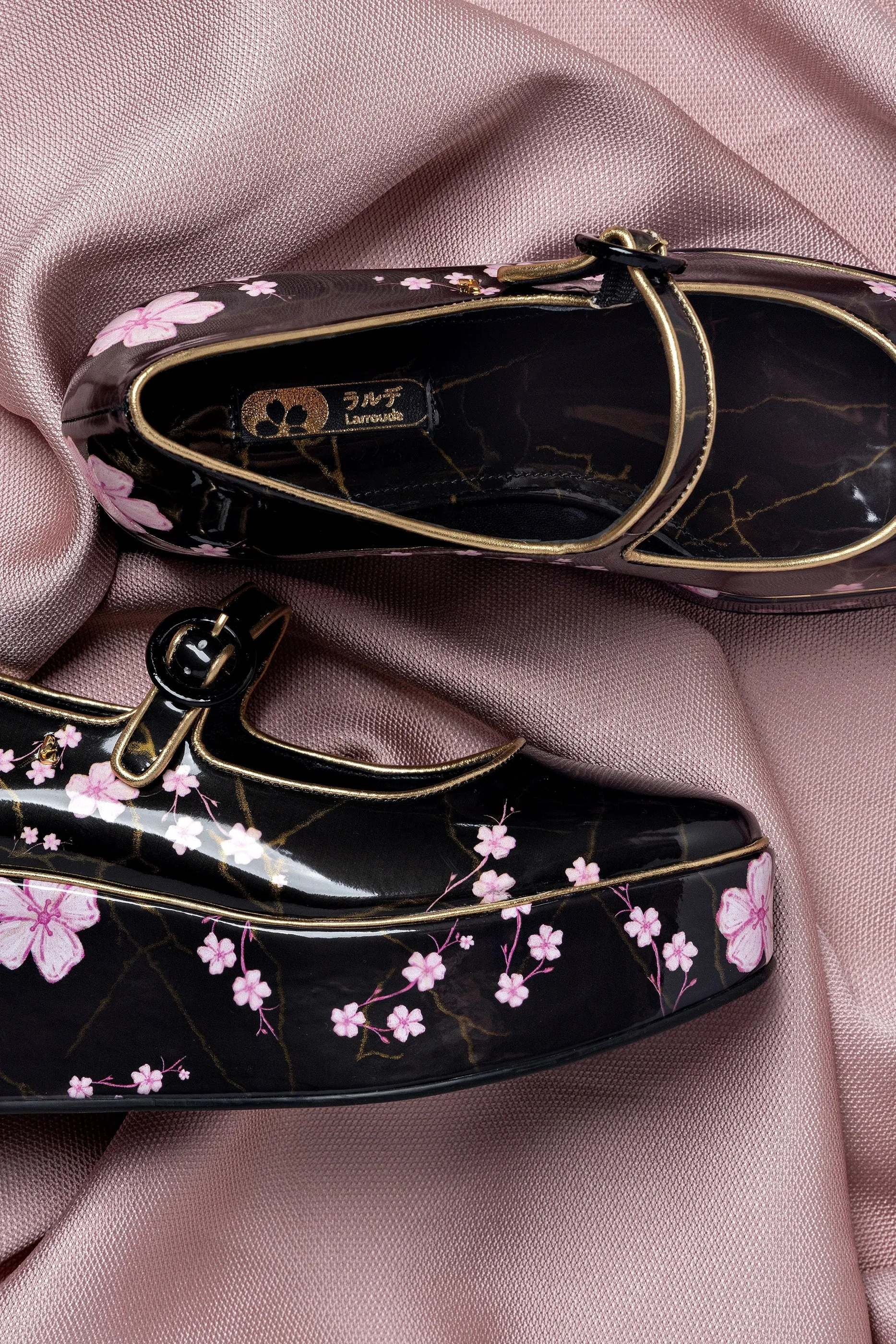 Blair Flatform In Black Sakura Printed Leather