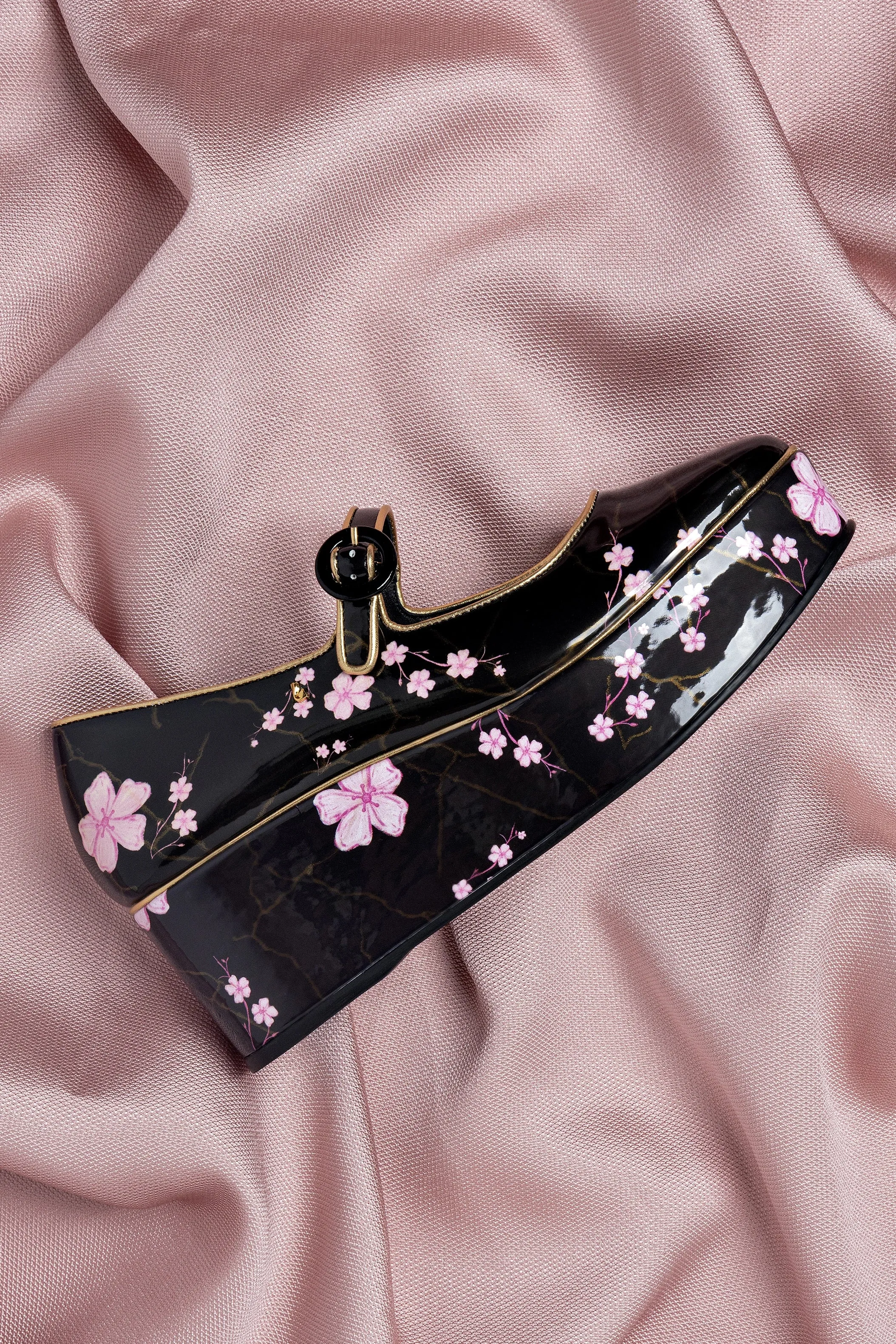 Blair Flatform In Black Sakura Printed Leather