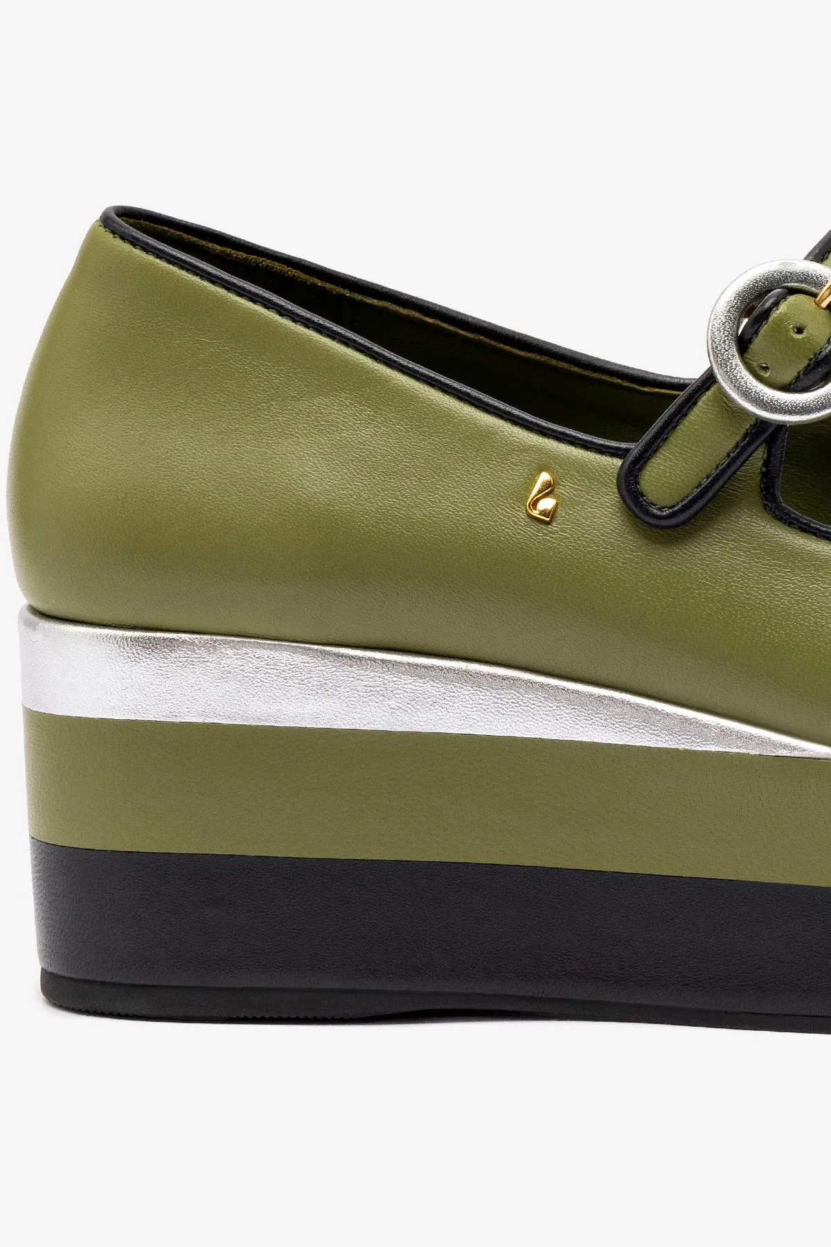 Blair Flatform In Seaweed and Black Leather and Silver Metallic Leather