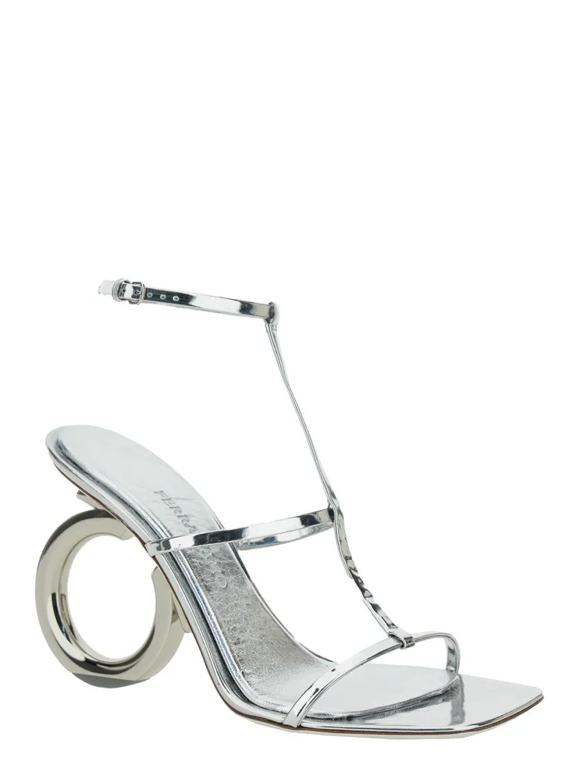 Elina' Silver Sandals With Sculptural Heel In Leather
