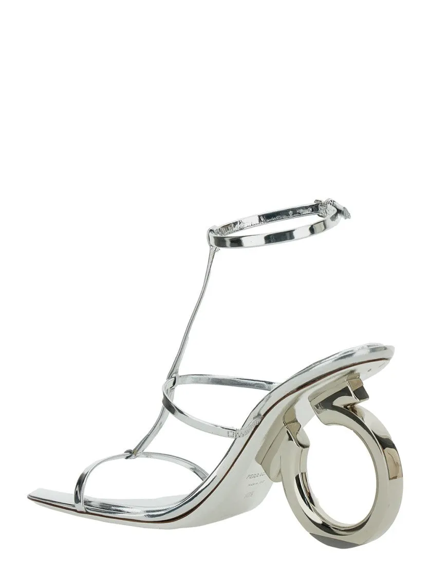 Elina' Silver Sandals With Sculptural Heel In Leather