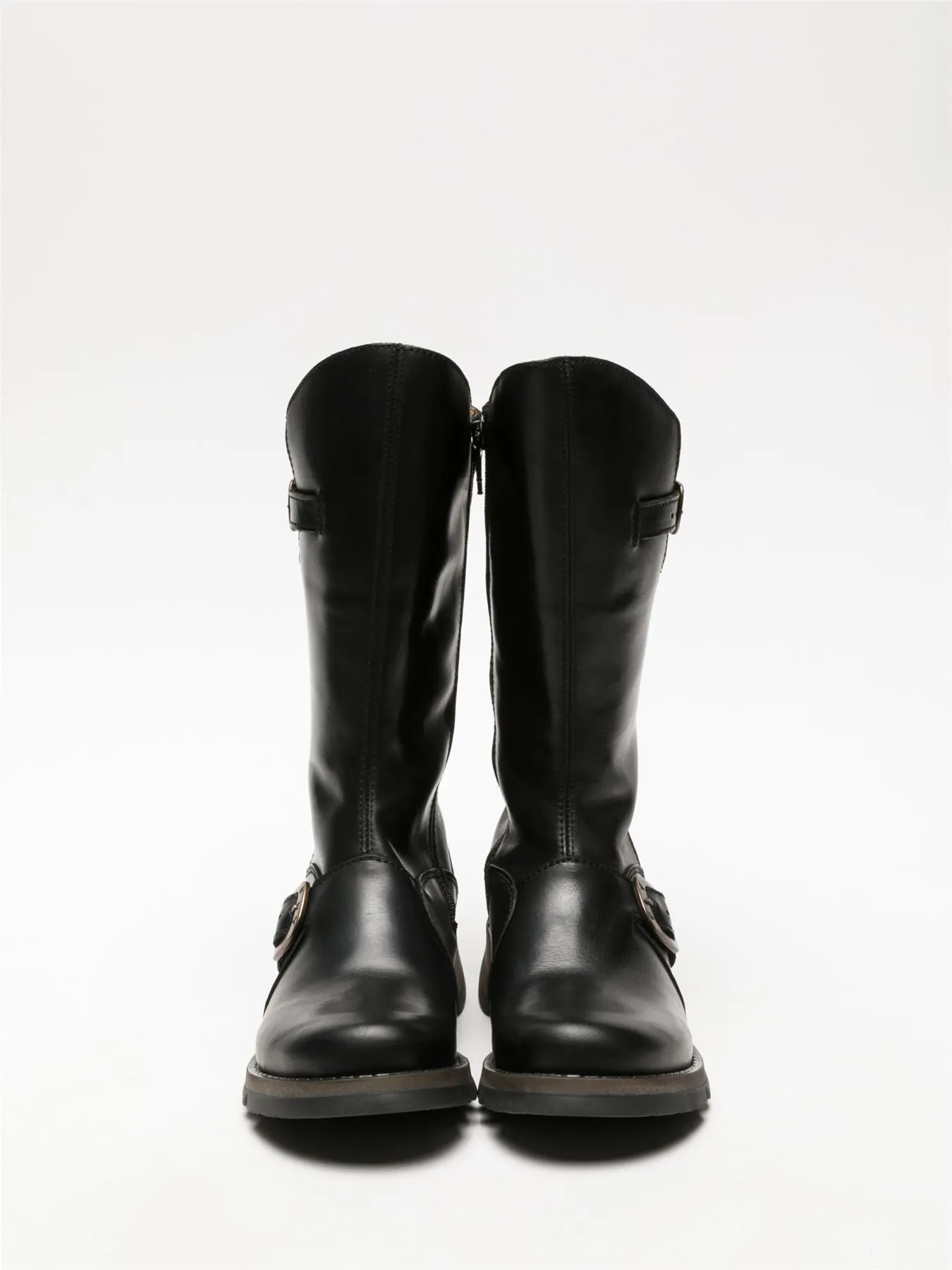 Fly London Womens Black MES 2 Wedge Heel Buckle Mid-Calf Leather Zip Platform Boots