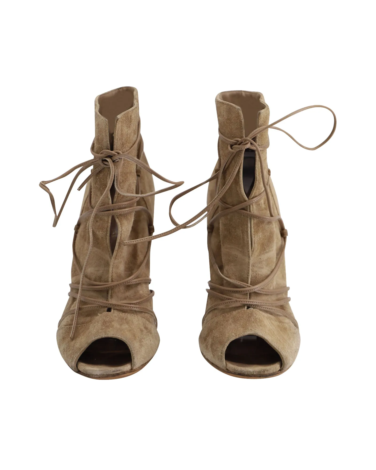 Gianvito Rossi Peep Toe Lace-Up Ankle Boots in Beige Suede