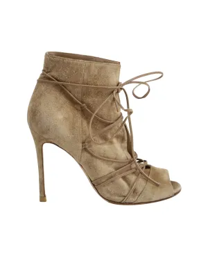 Gianvito Rossi Peep Toe Lace-Up Ankle Boots in Beige Suede