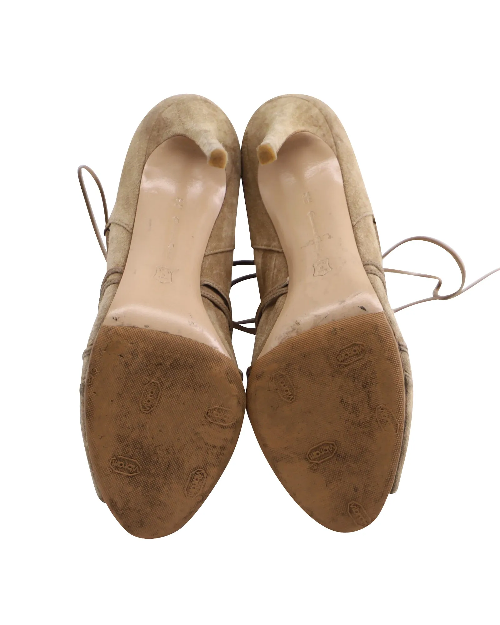 Gianvito Rossi Peep Toe Lace-Up Ankle Boots in Beige Suede