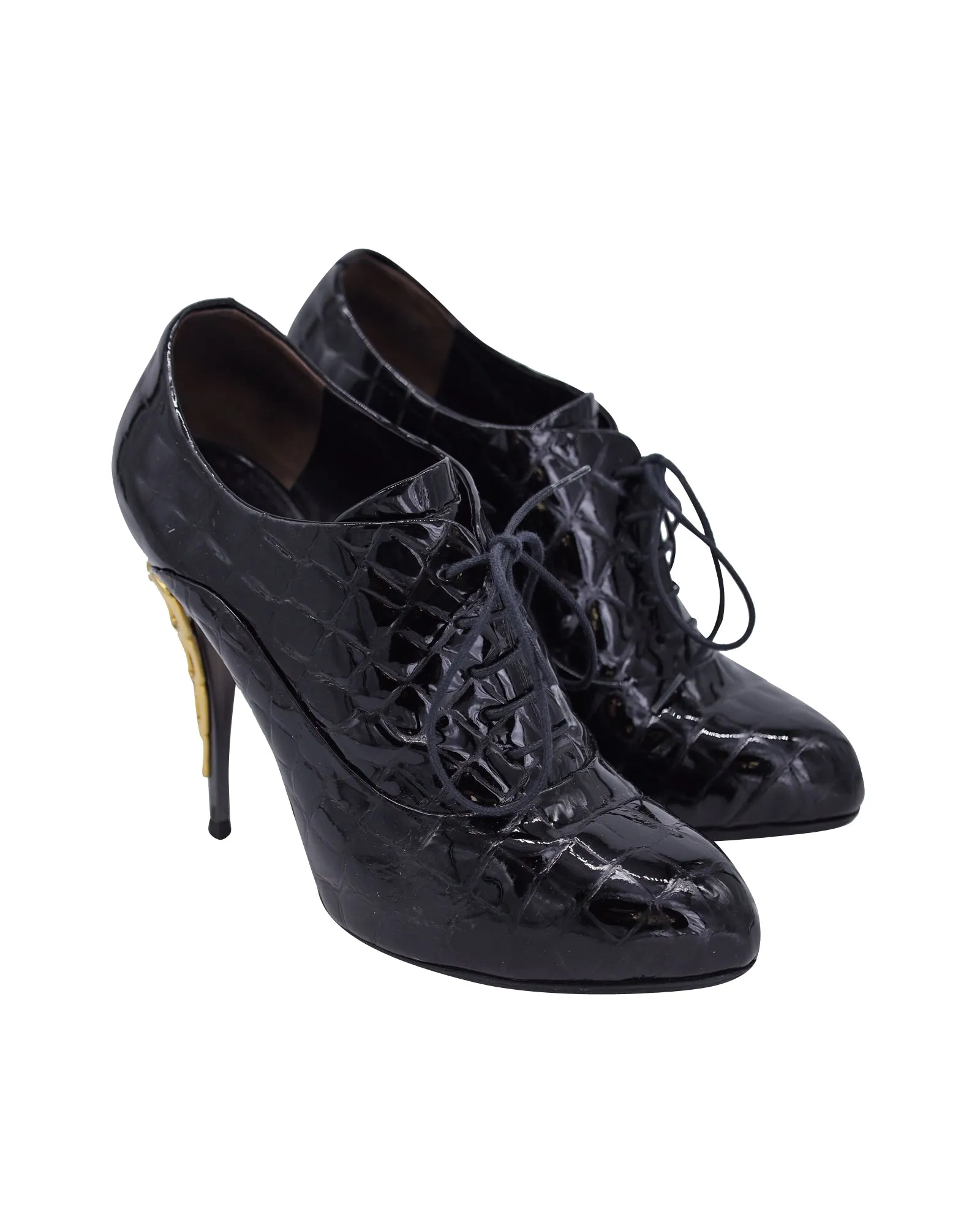 Giuseppe Zanotti Lace-Up Quilted High Heel Ankle Boots in Black Patent Leather