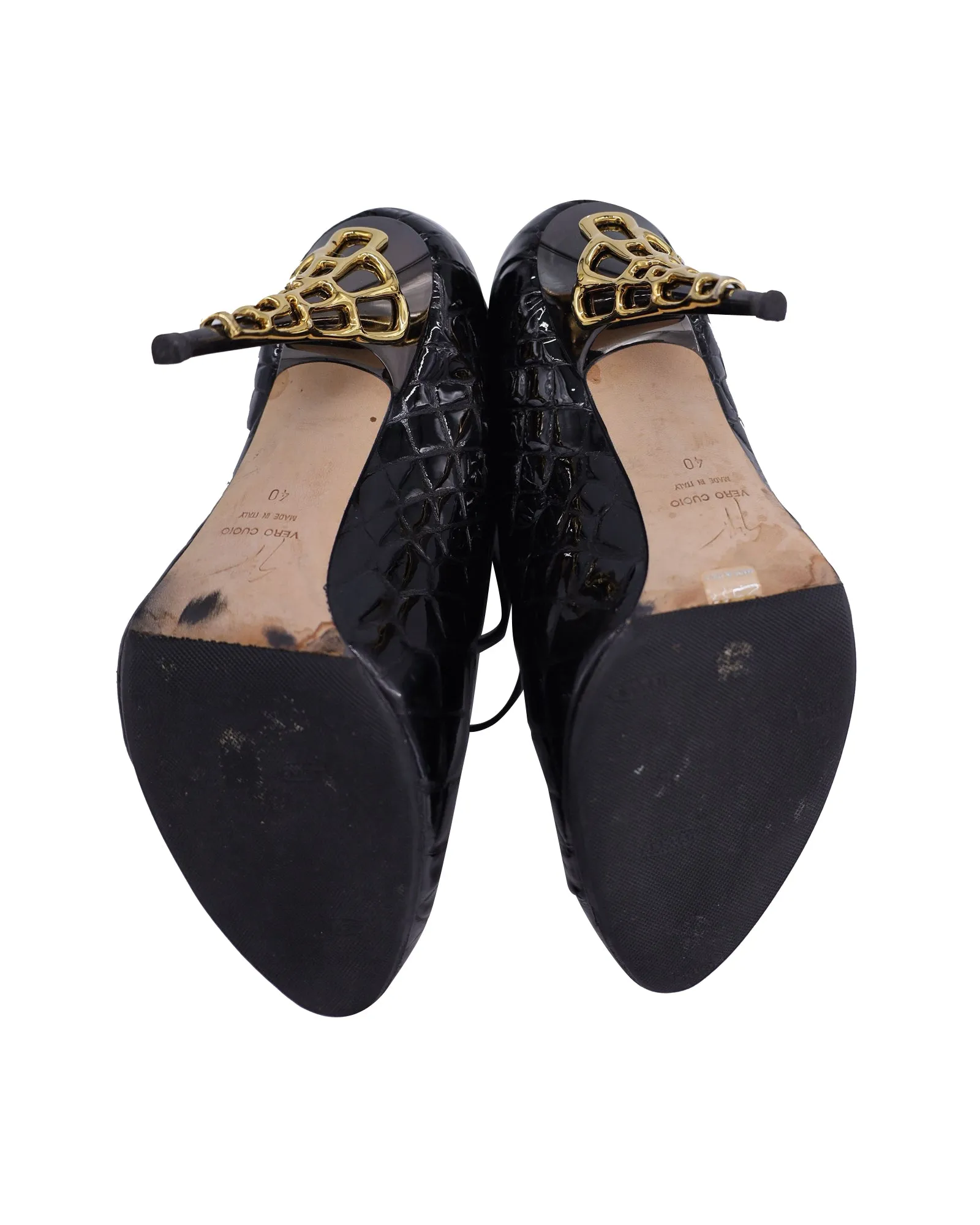 Giuseppe Zanotti Lace-Up Quilted High Heel Ankle Boots in Black Patent Leather