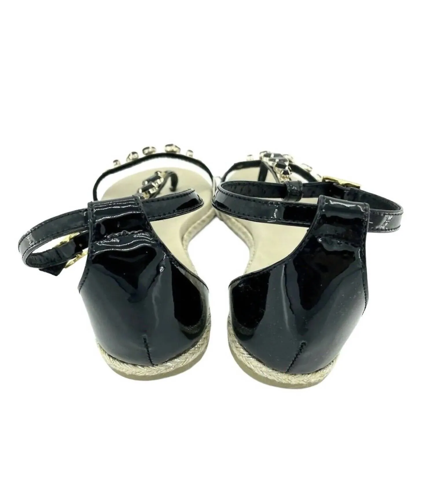 Jeweled Rhinestones Patent Leather Sandals In Black