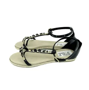 Jeweled Rhinestones Patent Leather Sandals In Black