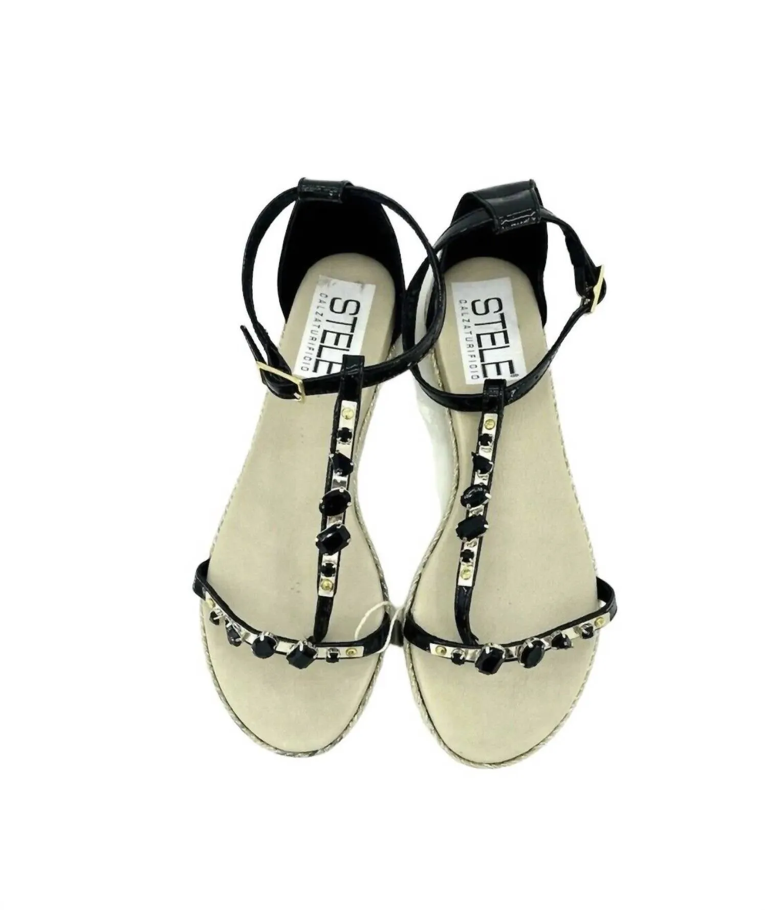Jeweled Rhinestones Patent Leather Sandals In Black