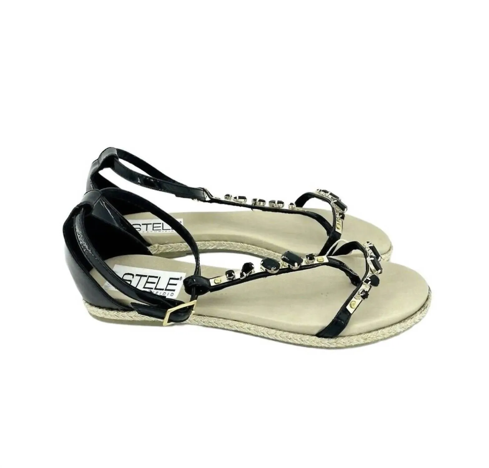 Jeweled Rhinestones Patent Leather Sandals In Black