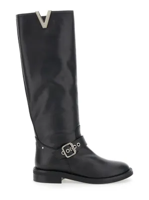Knee-High Leather Boots With Buckle Detail