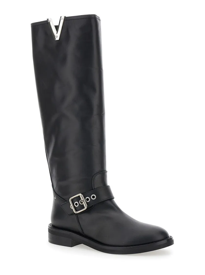 Knee-High Leather Boots With Buckle Detail