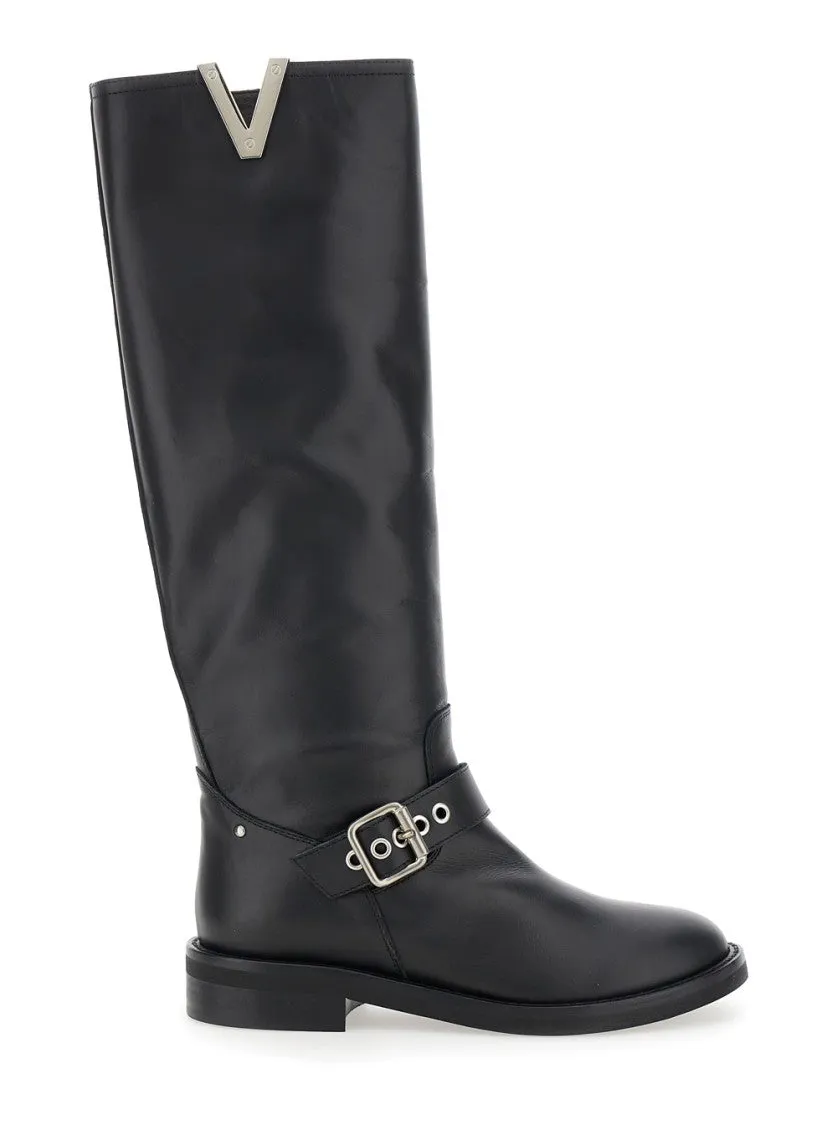 Knee-High Leather Boots With Buckle Detail