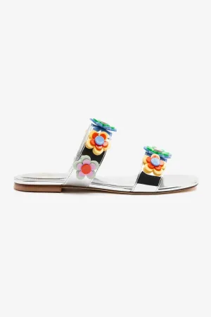 Larroud x Gabriela Noelle: Blossom Flat Sandal In Silver Specchio and Multicolor Acrylic