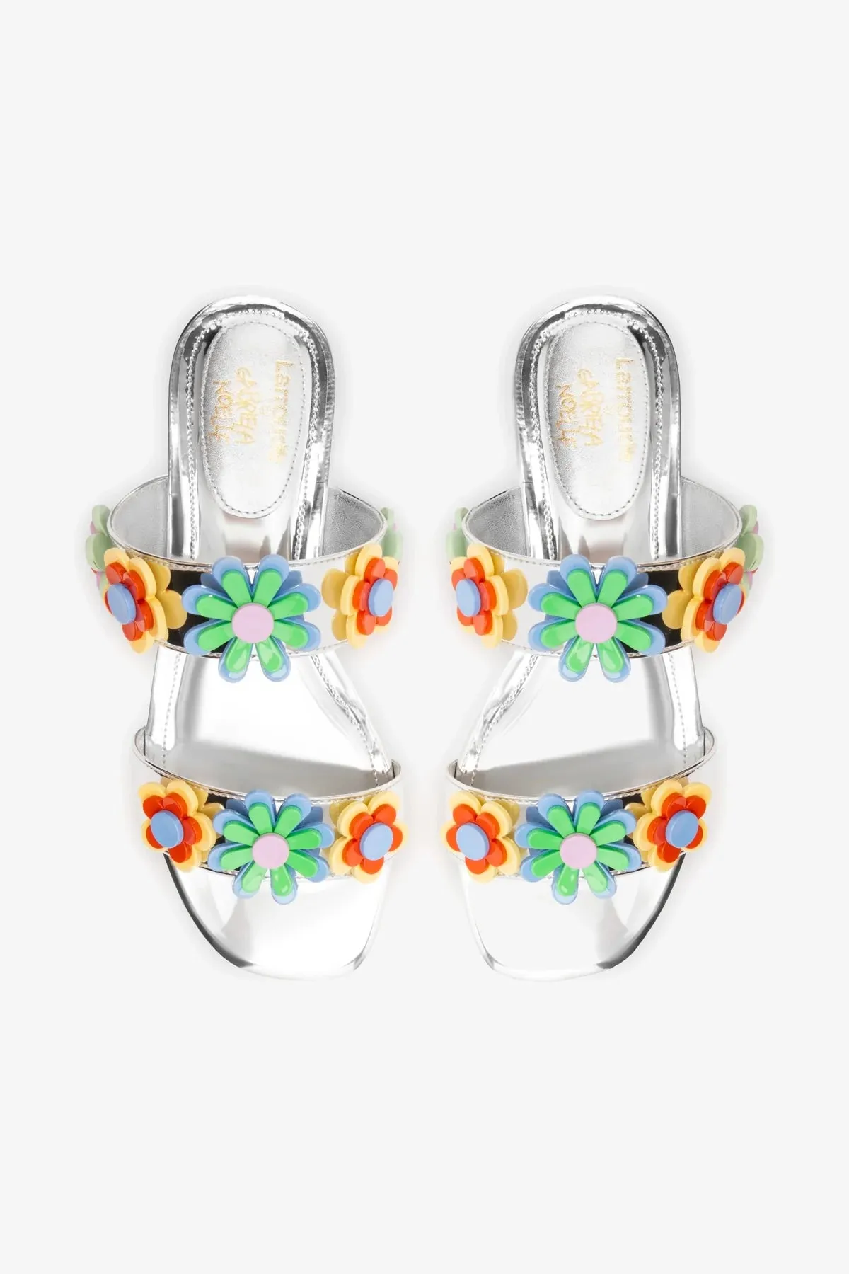 Larroud x Gabriela Noelle: Blossom Flat Sandal In Silver Specchio and Multicolor Acrylic