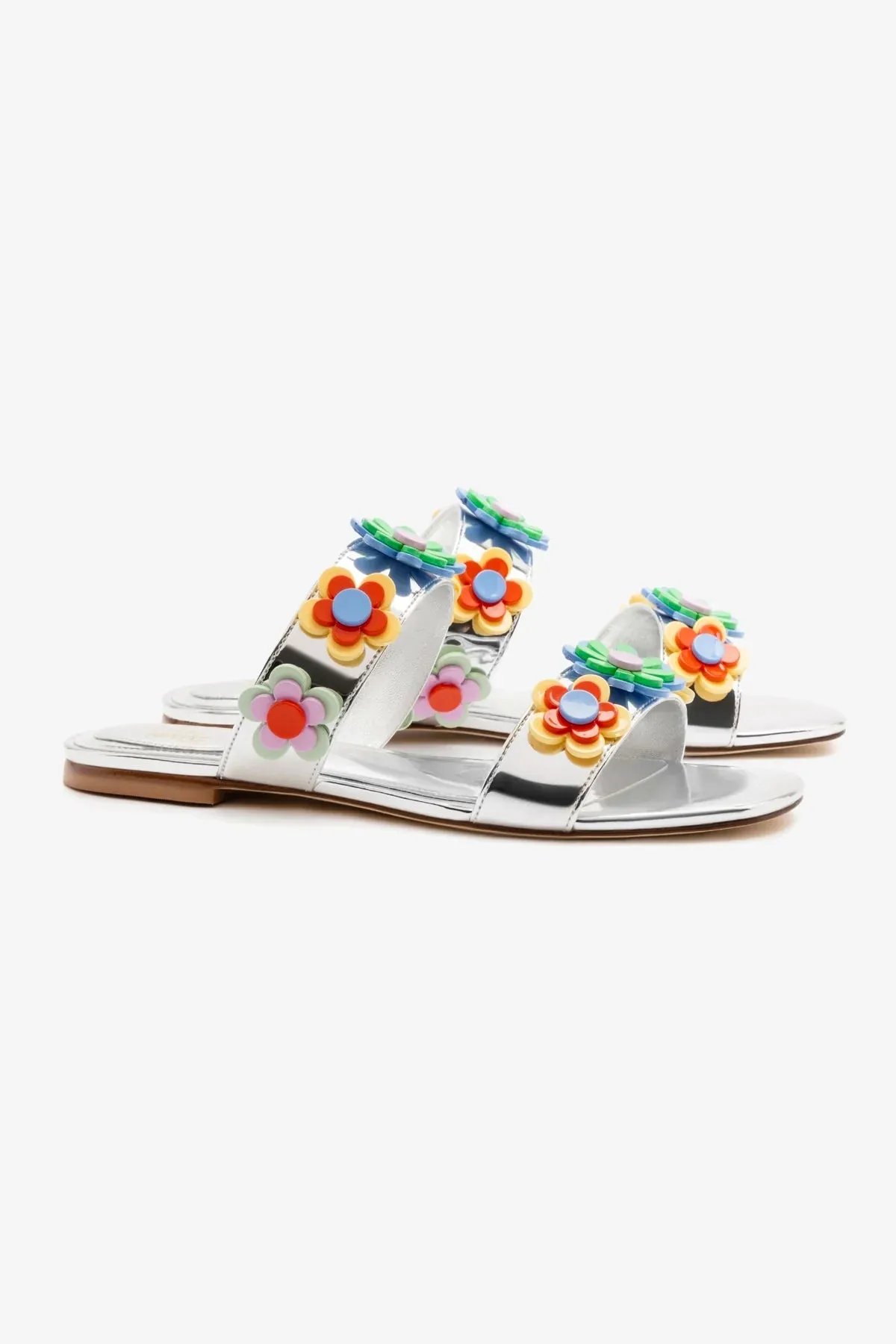 Larroud x Gabriela Noelle: Blossom Flat Sandal In Silver Specchio and Multicolor Acrylic