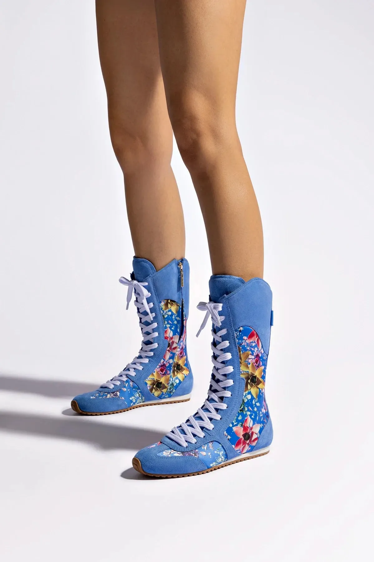 Larroud x Jonathan Cohen Flat Lo Sneaker Boot In Dodger Blue and Gardenias Colored Satin