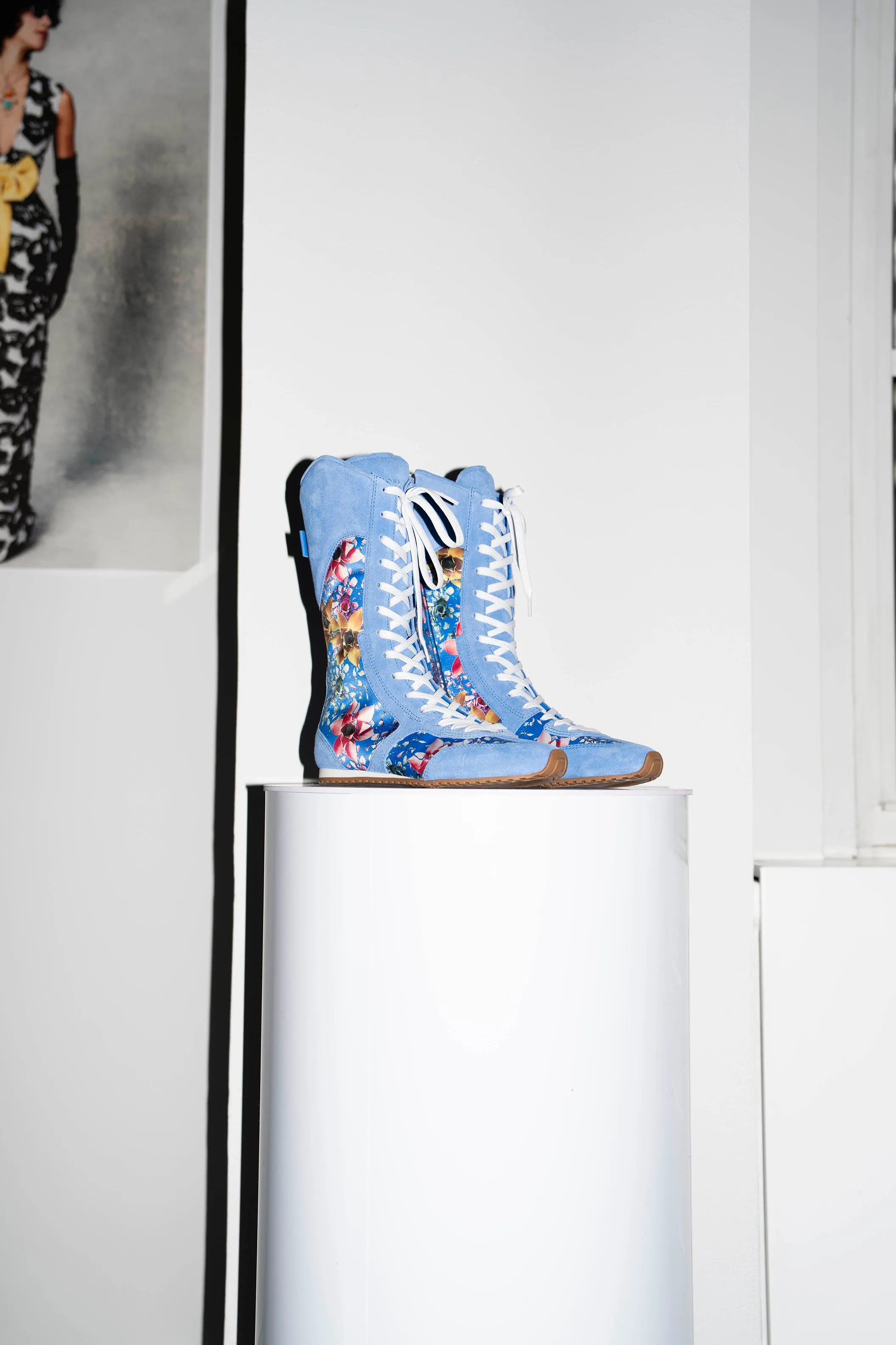 Larroud x Jonathan Cohen Flat Lo Sneaker Boot In Dodger Blue and Gardenias Colored Satin