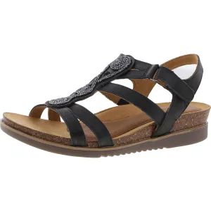 May Womens Embroidered Leather Wedge Sandals