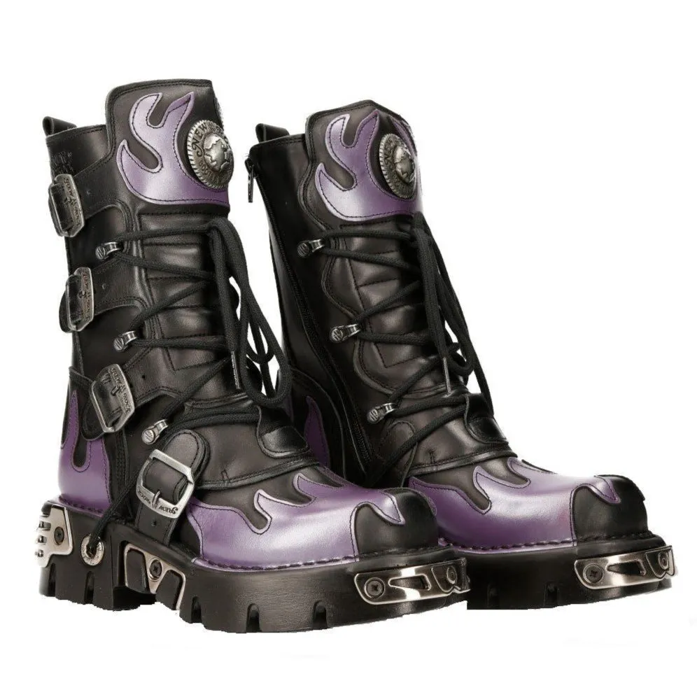 New Rock Flame Accented Black/Red Leather Biker Skull Boots- M-591-S5