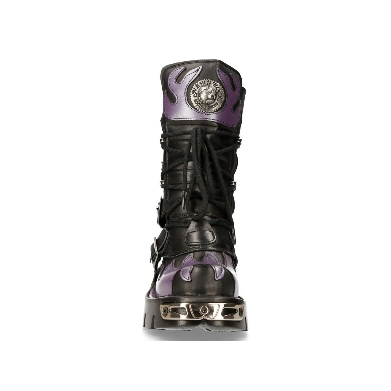 New Rock Flame Accented Black/Red Leather Biker Skull Boots- M-591-S5