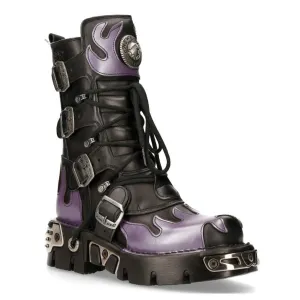 New Rock Flame Accented Black/Red Leather Biker Skull Boots- M-591-S5