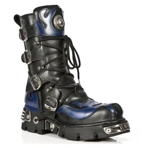 New Rock Unisex Black/Blue Leather Gothic Biker Skull Boots-107-C5