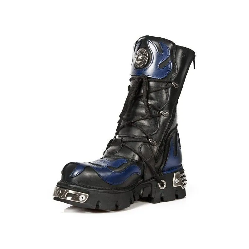 New Rock Unisex Black/Blue Leather Gothic Biker Skull Boots-107-C5