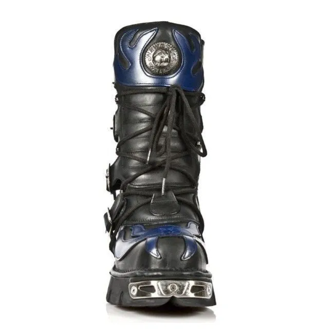 New Rock Unisex Black/Blue Leather Gothic Biker Skull Boots-107-C5
