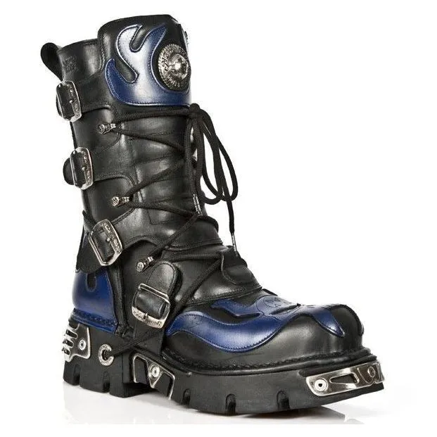 New Rock Unisex Black/Blue Leather Gothic Biker Skull Boots-107-C5