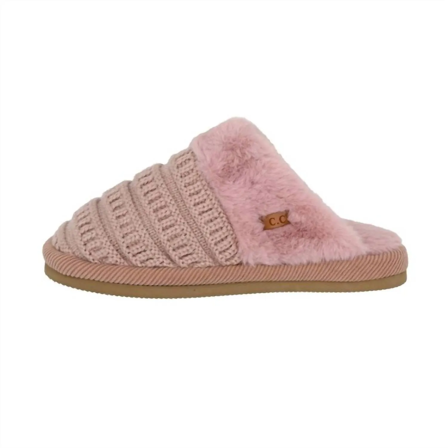 Ribbed Pattern Knitted Slippers In Blush Pink