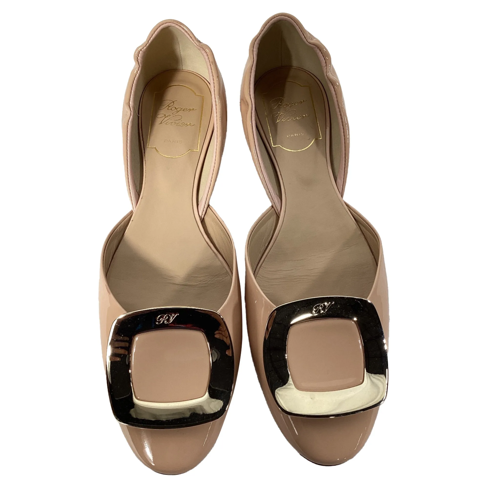 Roger Vivier Ballerine Buckle-Embellished Flats in Pink Patent Leather