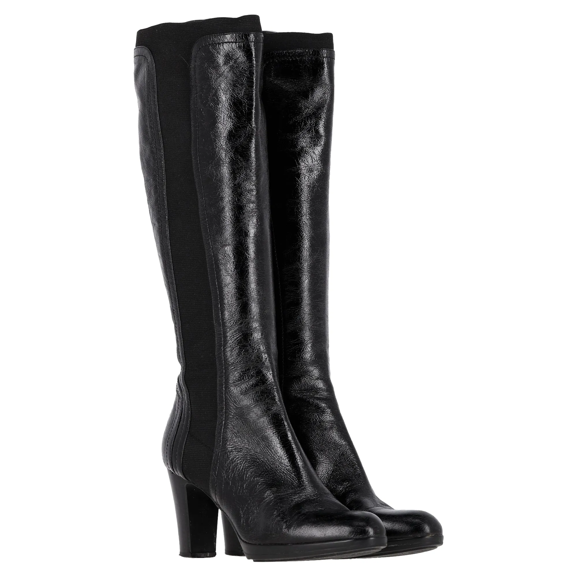 Sergio Rossi Slip-On Knee-High Heeled Boots in Black Leather