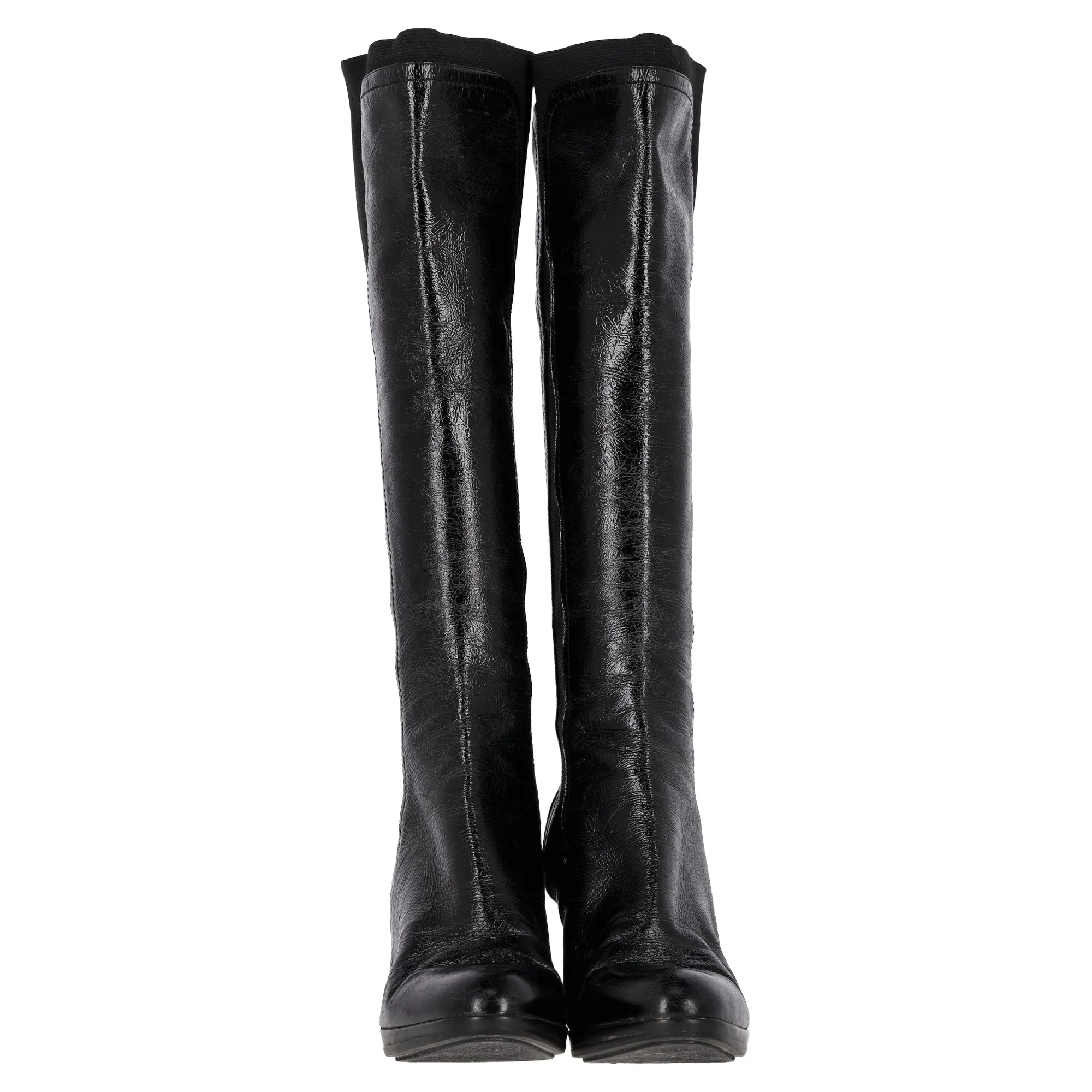 Sergio Rossi Slip-On Knee-High Heeled Boots in Black Leather