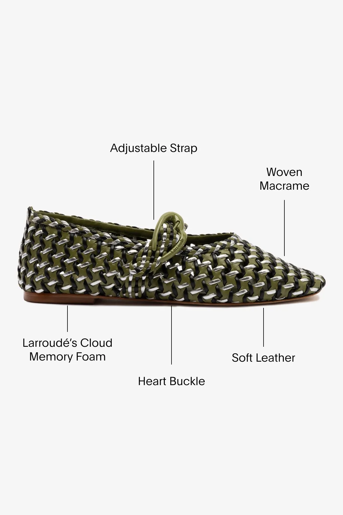Verona Macrame Ballet Flat In Seaweed, Black and Silver Metallic Leather