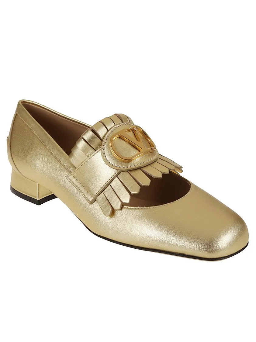 Vlogo-Fringed Leather Loafers With Low Block Heel