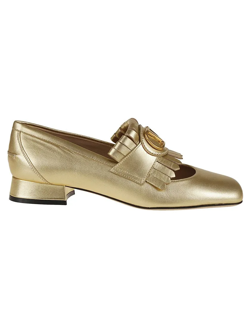 Vlogo-Fringed Leather Loafers With Low Block Heel