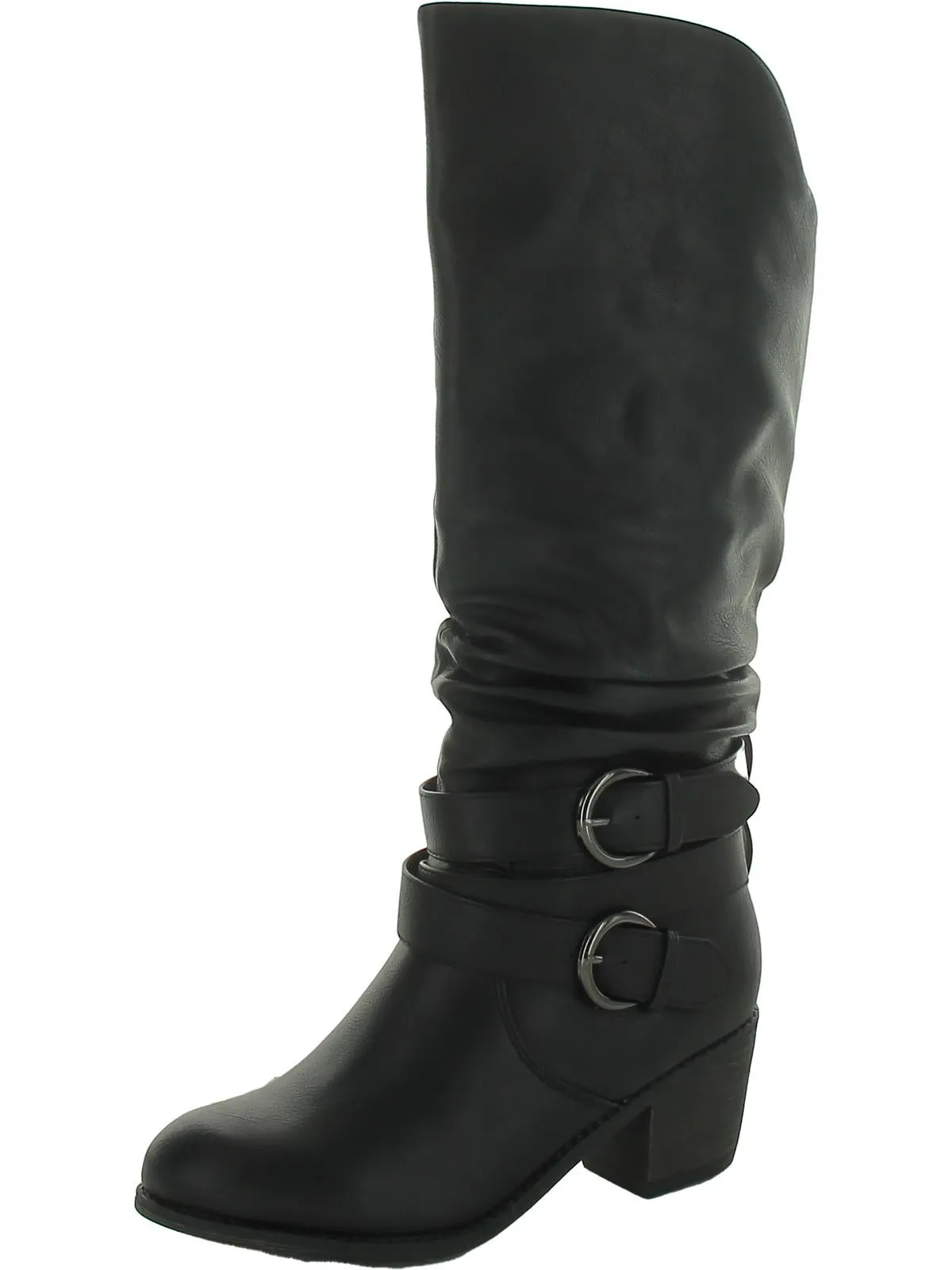 Womens Faux Leather Block Heel Knee-High Boots
