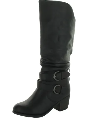 Womens Faux Leather Block Heel Knee-High Boots